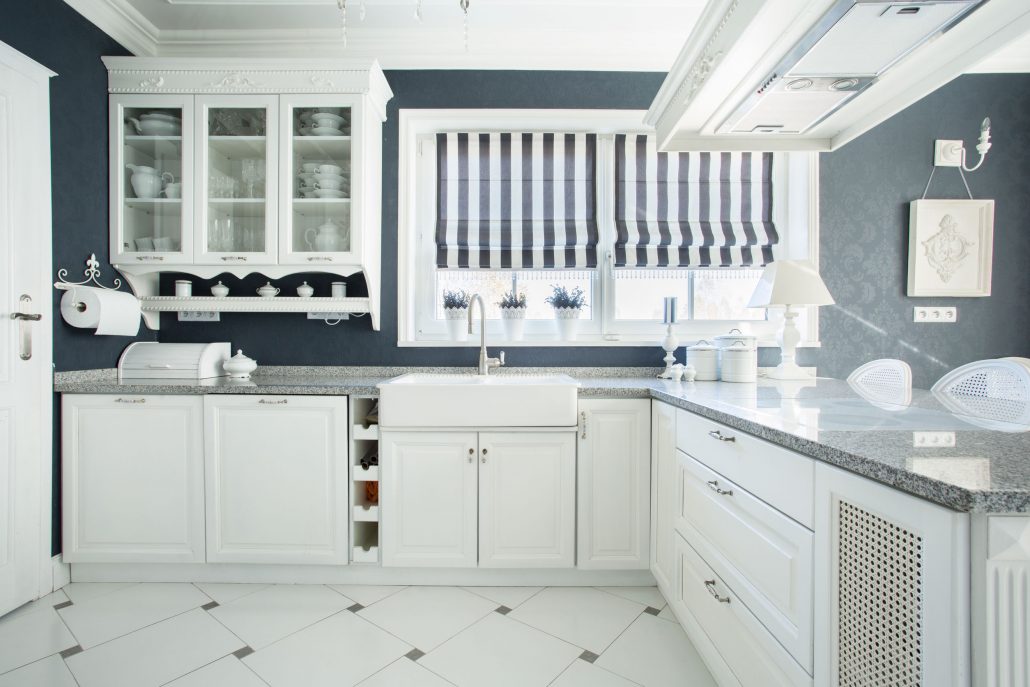 In wet areas like kitchens or bathrooms, roller blinds or roman blinds made of an outdoor-grade fabric are ideal for water resistance, mildew prevention and easy cleaning.