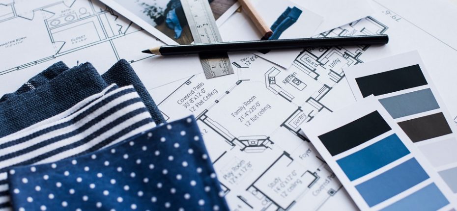 44902712_l 44902712 - interior designer's working table, an architectural plan of the house, a color palette, furniture and fabric samples in blue color. drawings and plans for house decoration.